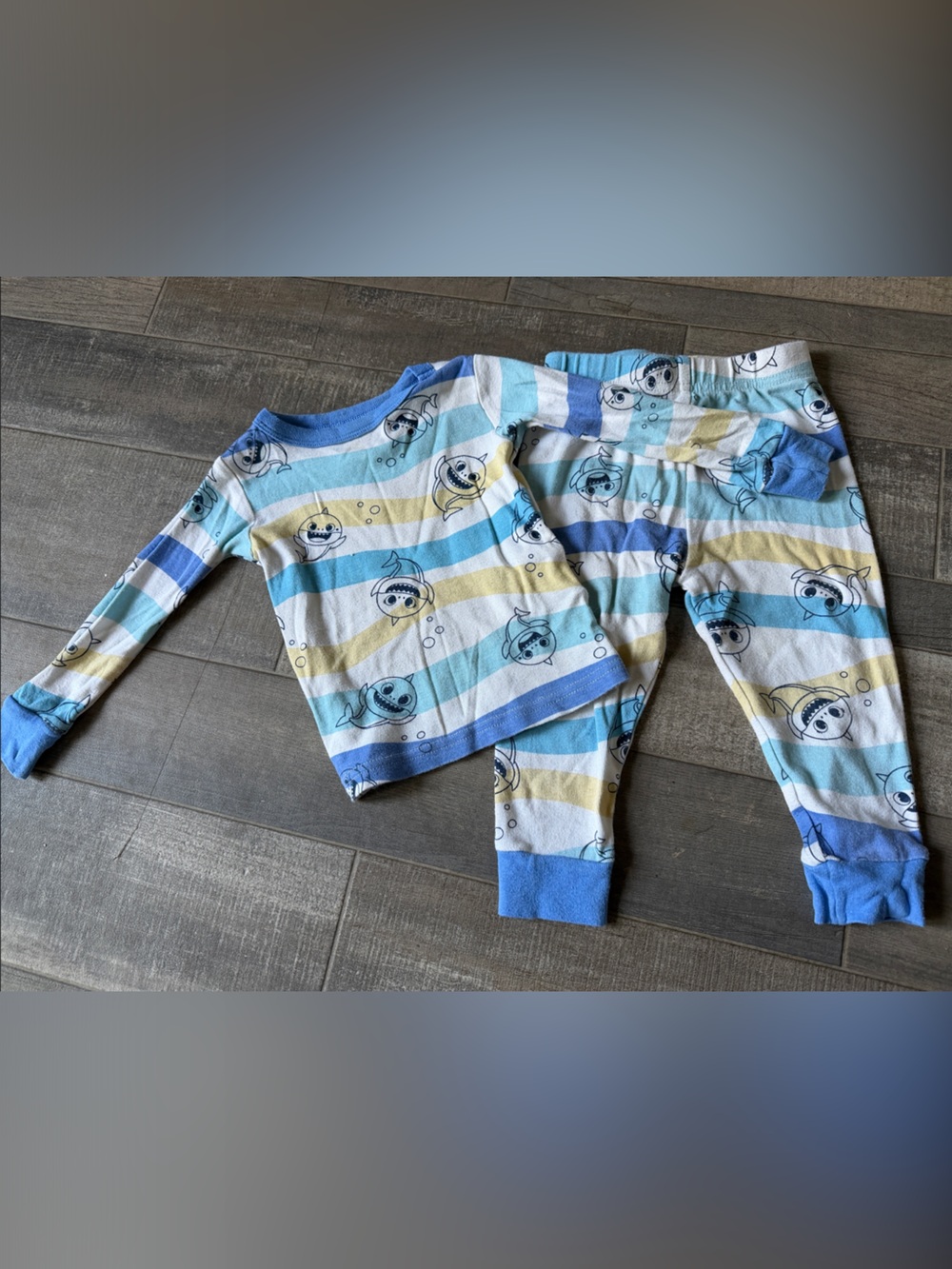 Striped Baby Pajama Set with Cartoon Sharks - Blue, Yellow, White